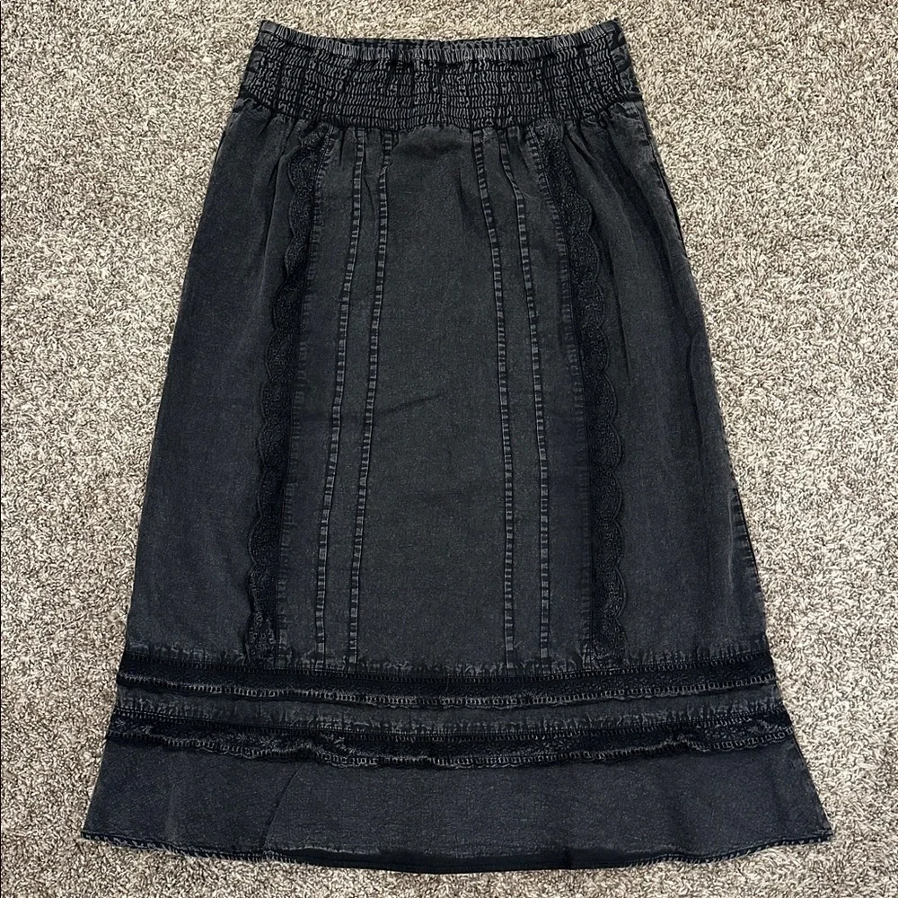 FREE PEOPLE Whitney Washed Black Lace-Trimmed Western Prairie Midi Skirt